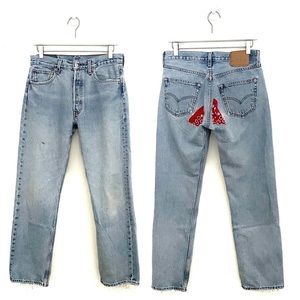 Vintage 90s Levi’s 501 Red Bandana Patched Repaired Denim Jeans Thrashed Faded